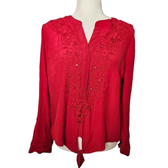 Chico's Tops - Chico's Size 1 Medium Embroidery Red Tie Front Long Sleeve Top Cottagecore